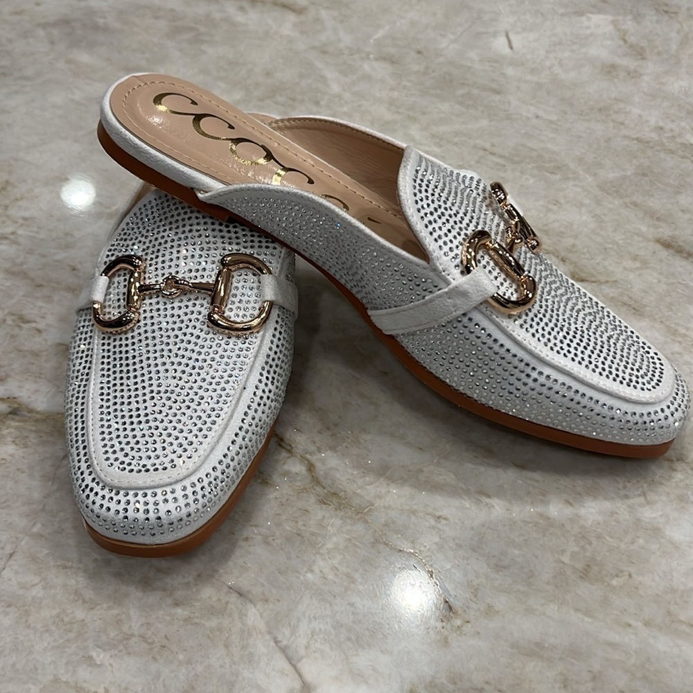CCOCCI White Mila Bedazzled Mules Rhinestone Slip-Ons | Size 7